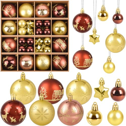 44er Set Kunststoff Weihnachtskugeln Braun Gold,3/6cm Bruchsicher Christbaumkugeln Weihnachtskugeln Mini Christbaumschmuck mit Verpackung Weihnachtsbaum Deko für Outdoor Indoor Tannenbaumkugeln