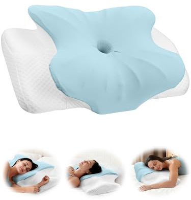 eSynic Cuscino Cervicale in Memory Foam Ergonomico con Doppia Altezza 11/13cm, Cuscino Ortopedico per Chi Dorme sul Fianco o Supino, Federa Ice Silk Traspirante Lavabile, 60x39cm - Azzurro