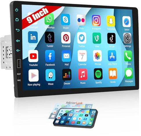 CAMECHO 9 inch Single Din Car Stereo with Bluetooth Hands-Free, Touch Screen Car Radio USB Fast Charging Wired Mirror Link FM Radio EQ SWC 7 Color Light