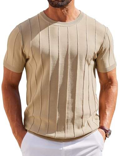 COOFANDY Tee Shirt Homme col Rond T-Shirt Tricoté à Manches Courtes Pull D'été à Rayures T Shirt Décontracté Shirt