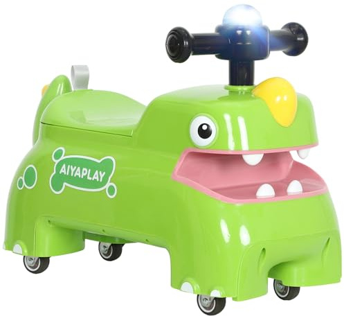 AIYAPLAY Kids Ride On Car, Dinosaur Shape Foot to Floor Slider with Under Seat Storage, Baby Toddler Walker with Light, Music and Sounds for 18-36 Months, Green
