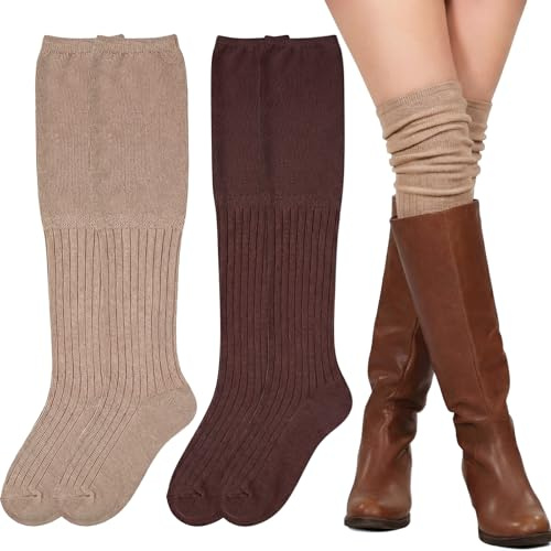 Tivi Tovo 2 Pairs Over Knee High Boot Socks Cotton Extra Long Slouch Over Knee High Socks Long Boot Stocking for Women(Khaki, Coffee)