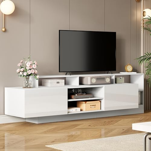 Merax TV-Schrank mit LED-Beleuchtung, TV Lowboard Sideboard für Fernseher bis zu 70 Zoll, Fernsehtisch mit 2 Falttüren, offenen Fächern, TV Möbel für Wohnzimmer, Esszimmer, Schlafzimmer, Weiß