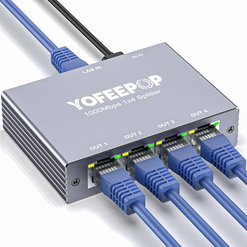 YOFEEPOP Ethernet Splitter 1 to 4, Gigabit Network Switch High-Speed | 1000Mbps RJ45 Internet Splitter with USB-C Power Cable for PC/Laptop, PS5, Xbox, Router, TV