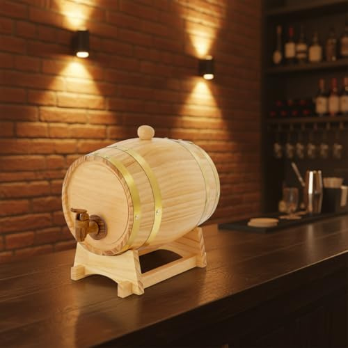 Botte di vino in legno di pino con foglio di alluminio, barile di rovere individuale, 3 litri, per whisky o vino, botte con rubinetto, tappo e cavalletto in legno, 16 x 23,5 cm