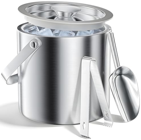 Huiguli Secchiello per Ghiaccio 3L in Acciaio Inox a Doppia Parete, Set con Coperchio, Paletta e Pinze, Isolamento Termico, Ideale per Bar, Feste e Famiglie