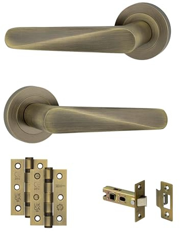 AXS Hardware Detroit Door Handles on Rose, Aluminium, Antique Brass, 127mm Lever, Concealed Fix, Internal Doors (Antique Brass, Door Pack)