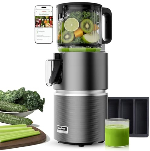 Anybear Exprimidor de 350 W con orificio de llenado de 124 mm, con tecnología de trituración doble para frutas y verduras enteras, alto rendimiento de zumo, material tritán sin BPA (gris)