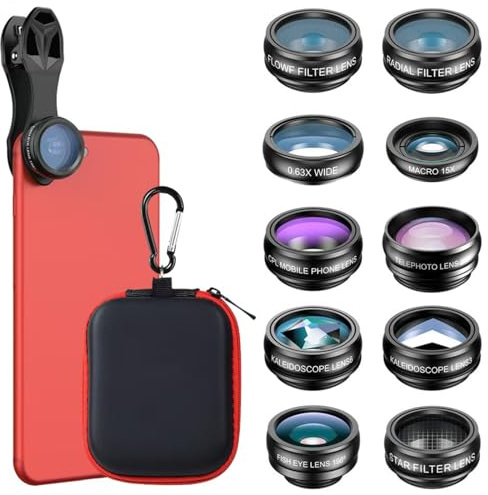 Auricase 10 en 1 Objectif Telephone Portable, Kit Objectif pour iphone, 22x Téléphoto, Macro 15 x, 198° Fisheye, pour la Plupart des Smartphone
