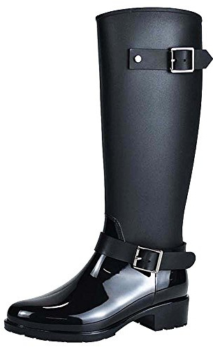 Jamron Mujer Elegante Nieve Lluvia Festival Wellies Altos Ajustable Correa de Hebilla Rodilla Alta Cremallera Botas Wellington Negro SN02006 EU38