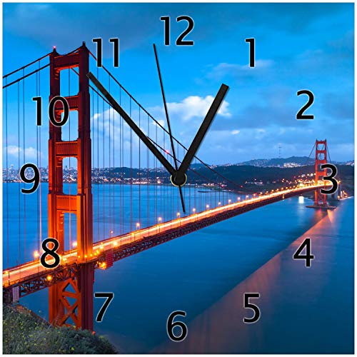 Wallario Design-Wanduhr Golden Gate Bridge in San Francisco USA aus Glas, Motiv-Uhr Größe 30 x 30 cm, Schwarze Zeiger