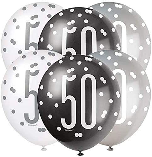 Stunning Glitz Black, Silver & White Latex Balloons (30cm) - Perfect Party Decoration for Elegant Celebrations - 6ct, Age 50