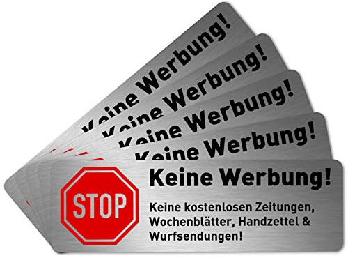 5 x Keine Werbung Aufkleber für Briefkasten (6,7 x 2,1 cm klein) - Keine kostenlosen Zeitungen und Reklame einwerfen - Briefkastenaufkleber - Selbstklebend - Edelstahl Optik
