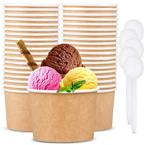 Promora 12oz Paper Ice Cream Cups Disposable 50 Count + Spoons, Bowls for Hot Soup/Dessert with Spoons, Perfect for Hot & Cold Food, Disposable Soup Bowls, Ice Cream Bowls, Frozen Yogurt (Brown 12oz)