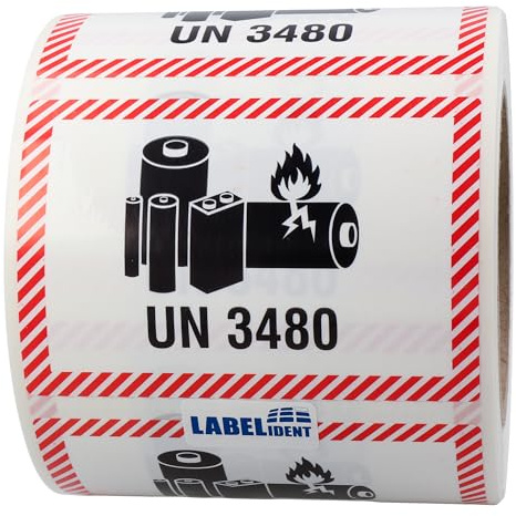 Labelident Lithium-Ionen-Batterien Transportaufkleber UN 3480, 100 x 70 mm, 500 Etiketten aus PE-Folie (Polyethylen) auf Rolle, Gefahrgutaufkleber für Versand
