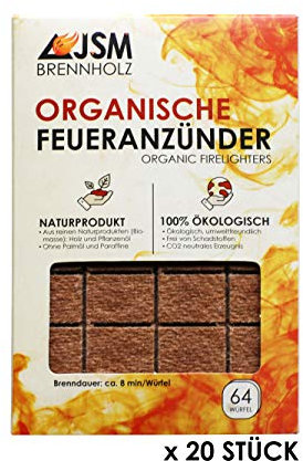 Grill-Anzünder von JSM® | Anzündwürfel aus Holz und Pflanzenöl | Kaminanzünder, Grillanzünder | 64 Würfel x 20 Stück (20 Packungen á 64 Anzünwürfel)