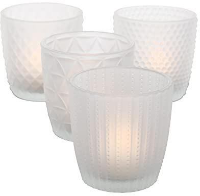 Seaside No.64 - Windlicht-Set 4 teilig aus Glas 7,5 x 7,5cm - Teelichthalter für Romantisches Ambiente - Kerzenständer mit verschiedenen Designs - Retro Kristall Ornamente - (Weiß/Matt, Set)