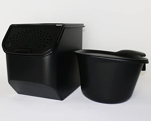 TUPPERWARE Kartoffellager 8,3L schwarz + Tischmüll Adretto schwarz + Teller