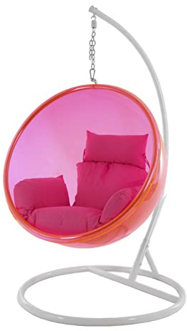 Kideo® Komplettset: Hängesessel mit Gestell & Kissen, Halbschale, Bubble, durchichtig (Gestell: weiß/Korb: pink (Magenta), Kissen: pink (3333 hot pink))