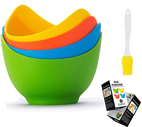 4 Stück Silikon Eier Pochierer mit 1 Stück Ölpinsel, Hochtemperatur Antihaft-Pfanne Pochierte Eier Form, Eier Pochierer für Mikrowelle, Dampfgarer, Kochgeschirr
