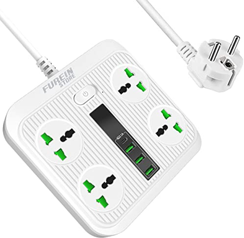 FUREINSTORE Regleta Enchufes con USB C, Protección sobretensión con 4 Tomas Universales y 3 USB de Carga Rápida y 1 Tipo C, Extensión Protectora Multienchufe Cable 2 Metros (White)