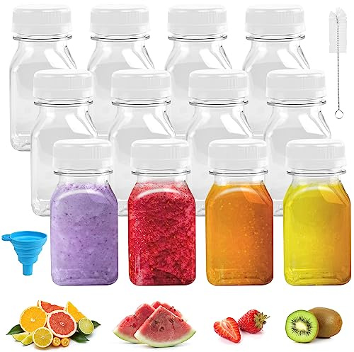 LIMITADA 12 Pcs Mini Bouteille Plastique 125ml pour Jus de Fruit, Yaourt à Boire, Smoothie, Lait - Carrée avec Couvercle - Vide pour Pique-nique, Boisson, Alcool