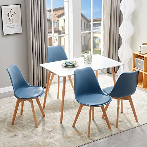 FURNITABLE Esszimmergruppe Esstisch mit 4 Stühlen Essgruppen, Rechteckig 110cm Küchentisch-Set und 4er Set Esszimmerstühle für Wohnzimmer Küche Büro (Weiß Tisch+4 Dunkelblau Stühle)
