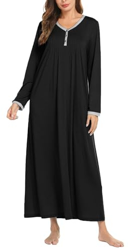 Ekouaer Camisón De Manga Larga para Mujer Camisón De Maternidad Botones De Lactancia,Negro,L