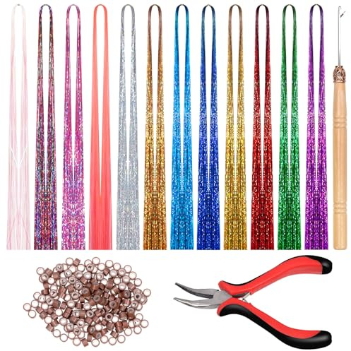 Swpeet Haarverlängerung mit Werkzeug 214Pcs 47 Haar Tinsel Kit Inklusive 12 Mischfarben 2400 Stränge Haar Tinsel 200Pcs Silikon gefüttert Micro Ring Häkelnadel 5 Pinzette für Mädchen Kinder