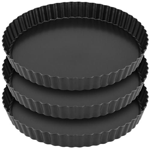 YUENPUN 3 Pack Quiche Dishes, 22cm Non-Stick Tart Tin with Loose Base, Carbon Steel Flan Tart Dish for Baking Pizza, Fruits Pie, Cheese Cake