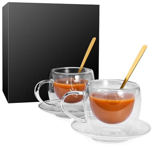 EYE4TECHS Klarglas-Kaffeetassen mit Löffeln in luxuriöser Geschenkbox, 2 Stück, 156 ml, doppelwandig, isoliert, wiederverwendbar, für Zuhause, Café, Restaurant, bestes Geschenk für Kaffeeliebhaber