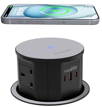 Jgstkcity Pop up Socket, 65W USB‑C Fast Charging, Black | 4 Way Power Socket, USB-A & USB-C Ports, 15W Wireless Charger, 4.7'' Hole, 2m Cable, Worktop Mounted for Office, Gaming