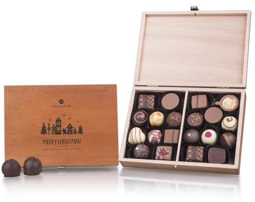CHOCOLISSIMO - 20 edle Pralinen in einer Weihnachtsholzschachtel mit eigenem eingravierten Text | Schokolade | individuelle Geschenkidee | Weihnachten | Holzkästchen mit Personalisierung | Gravierung