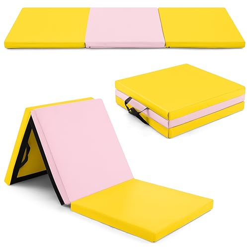 GYMAX Tapis de Gymnastique Épais Pliable 180x60x5cm, Combinaisonable avec Attache Auto-Agrippante, Housse en Simili Cuir, Portable avec Poignées de Transport, pour Yoga, Fitness, Étirement
