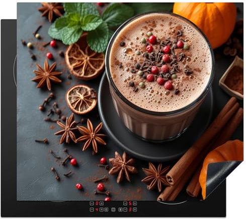 KitchenYeah© Protege Couvre Plaque De Cuisson Deco Cuisine Tapis Protection Protecteur Induction Accessoire 59x52 cm Lait chocolaté - Béton - Citrouille - Épices