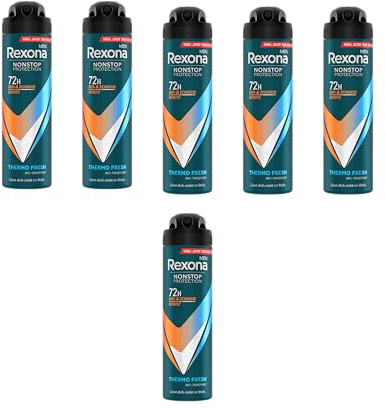 6 x Rexona Män Nonstop Protection Deodorant Spray Thermo Fresh Anti-Perspirant med 72 timmars skydd mot svett och kroppslukt 150 ml