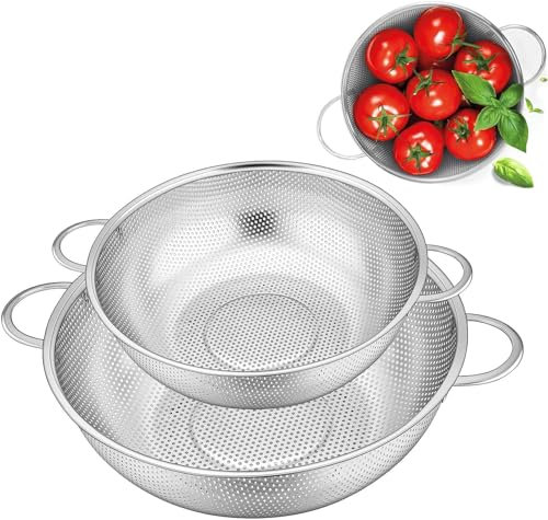 Colador de pasta de acero inoxidable, colador de cocina con asas, cesta coladora encima, para escurrir pasta, verduras y frutas, arroz, apto para lavavajillas, 2 piezas, Ø 22 cm, 19 cm