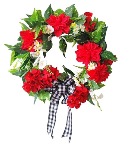 Künstlicher Roter Geranien-Kranz, Künstlicher Roter Hortensien-Blumenkranz mit Grünen Blättern, Künstlicher Frühlingskranz, Kranz mit Grünen Blättern für Bauernhaus, Zuhause, Veranda, Hof, Hochzeitsde