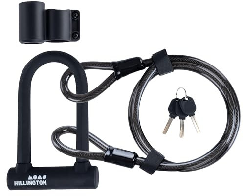 Hillington Bike Lock - 16mm Heavy Duty Steel U-Lock Shackle with Cable and Keys - High Security Anti Theft Protection Mounting Brackets - Mountain, Road, Electric, Folding Bikes & Scooters