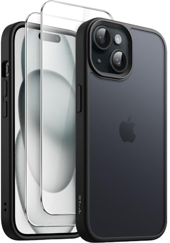 JETech 3-in-1 Matte Hülle für iPhone 15, Schwarz | 2 Gehärtete Glas Schutzfolien, Matte Transluzent Handyhülle