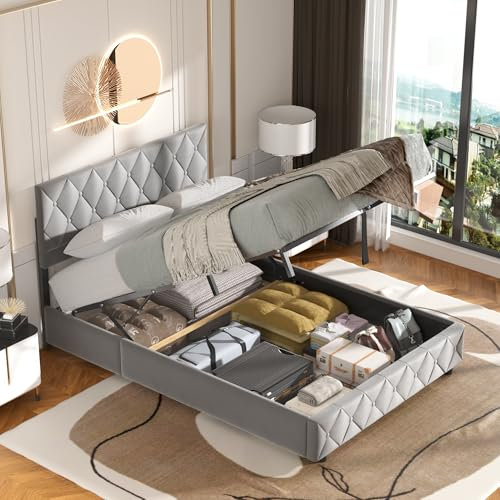okwish Polsterbett 140x190 cm, Bett mit Stauraum, Jugendbett Hydraulisch Stauraumbett mit Bettkasten, Gepolstertes Bettgestell mit Lattenrost, Modernen Knopfnahtverzierung, Samt, Grau (Ohne Matratze)