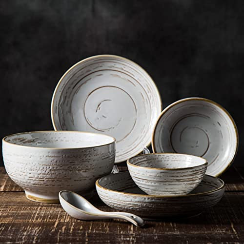 MOKLYF Set di stoviglie, Set di Piatti in Porcellana da 21 Pezzi, Set di stoviglie in gres, Servizio da tavola per 4 con Ciotole e Piatti da Insalata, Set da tavola Giapponese d(