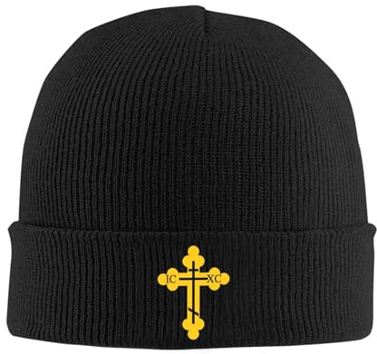 Oudrspo Blaue christlich-orthodoxe Skimütze mit russischem Kreuz, Strickmütze, Klassische warme Wintermütze für Damen und Herren