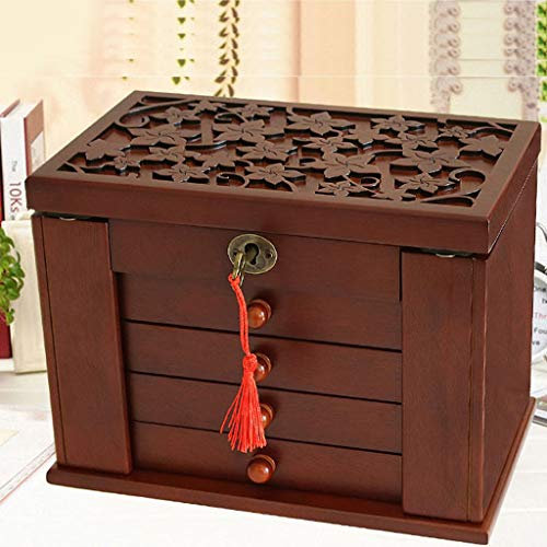 XFZJCHAP Boîte à Bijoux en Bois Massif avec Serrure pour Femme, Grande Commode verrouillable, boîte de Rangement de Bijoux en Bois (Couleur : Rose) (Noyer foncé)