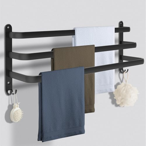 Rentatol handdukshållare svart 80 cm, handdukshållare utan borrning, aluminium handdukshylla väggmontering 3-våningar handduksstång med krokar, handdukshållare badrum kök badrumstillbehör