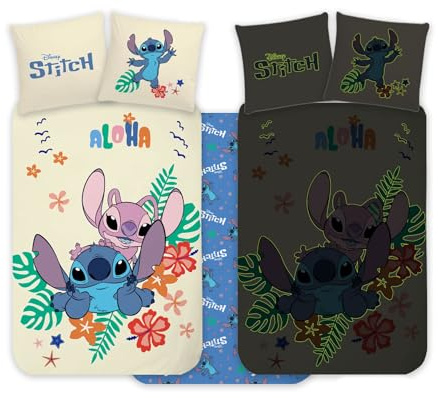 Stitch & Angel - Parure de lit réversible avec housse de couette 100 x 140 cm, avec taie d'oreiller 40 x 45 cm, 100% coton, linge de lit fluorescent, parfait pour les enfants, Stitch & Angel pour