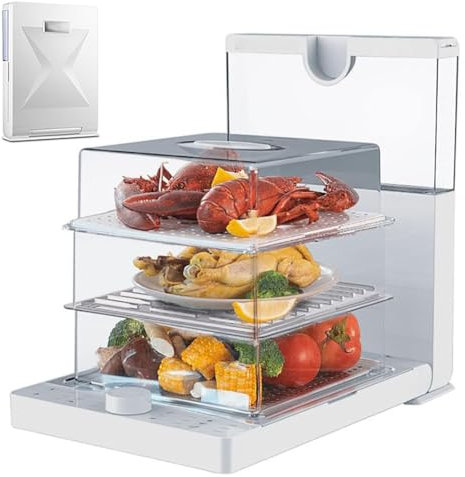 Vaporera de Verduras de 1500 W, vaporera Digital Plegable de 3 Niveles con Capacidad de 18,8 L, Temporizador de 60 Minutos y Apagado automático. Vaporera eléctrica Multifuncional para Carne