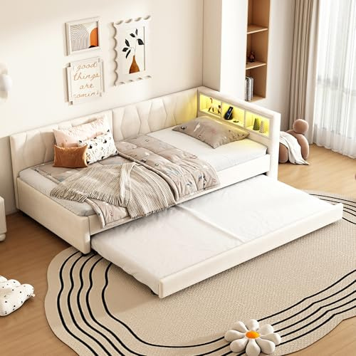 RIAZOS Polsterbett Schlafsofa 90x200, Einzelbett mit Ausziehbett, Daybett mit LED Staufach, Tagesbett mit USB Typ C Ladefunktion, Jugendbett Kinderbett Gästebett, Leinen, ohne Matratze, Beige