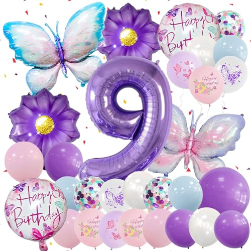 32 Stück Geburtstagsdeko Mädchen, 9 Geburtstag Mädchen, Schmetterling Deko | Schmetterling Deko Geburtstagsdeko 7 8 9 jahre Mädchen, Folienballon Schmetterling Party Dekoration Ballons