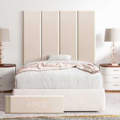 Lot de 4 panneaux muraux insonorisants 3D en similicuir beige avec tête de lit rembourrée anti-collision pour chambre à coucher, salon, chambre d'enfant - 30 x 90 cm